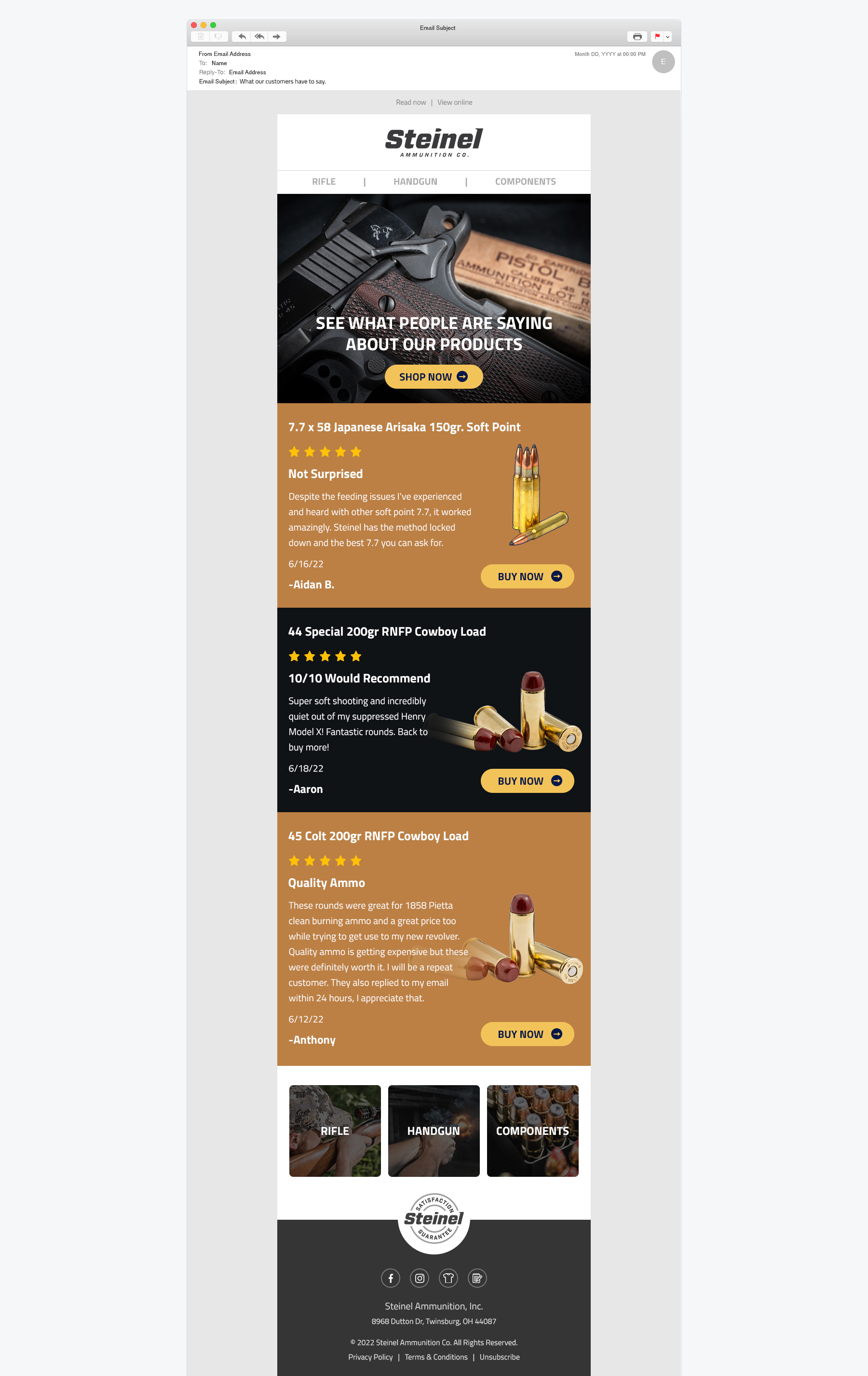 Customer Testimonial Email — Steinel Ammunition