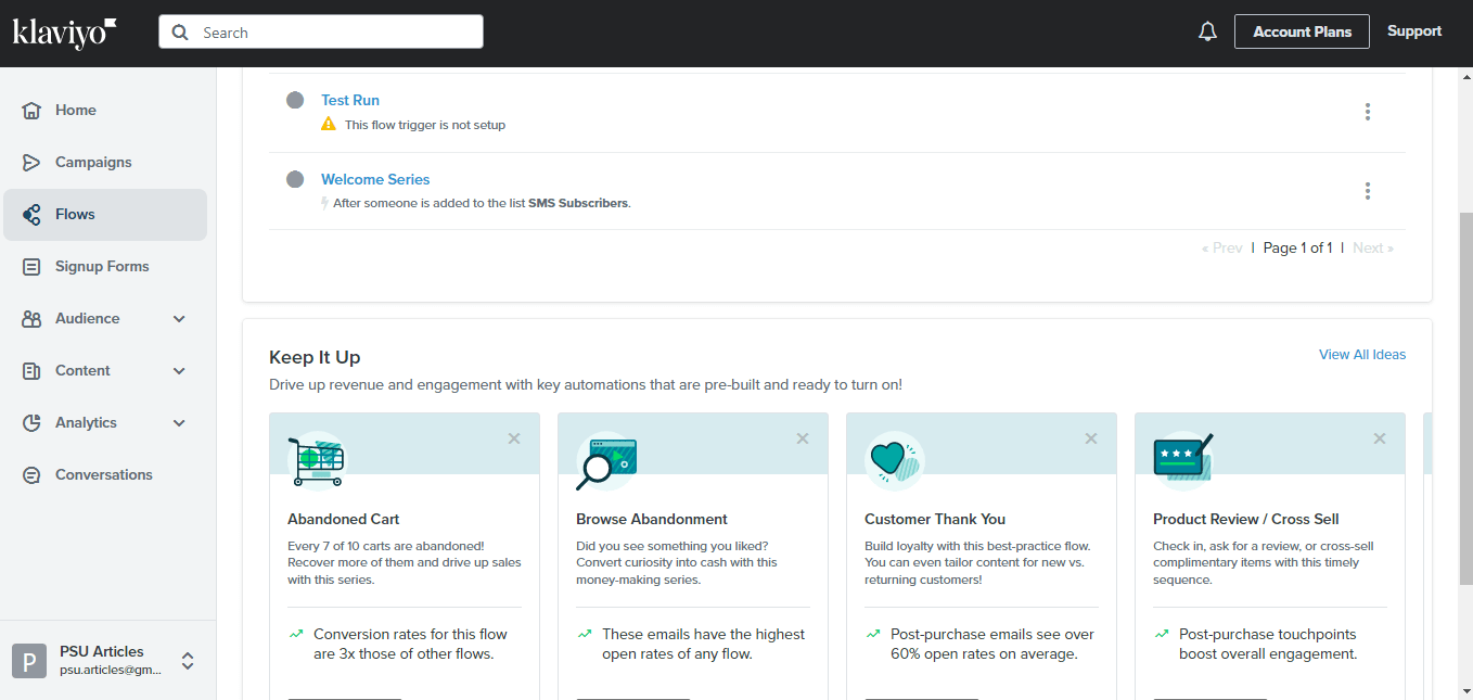 suggested and pre-built flow in klaviyo