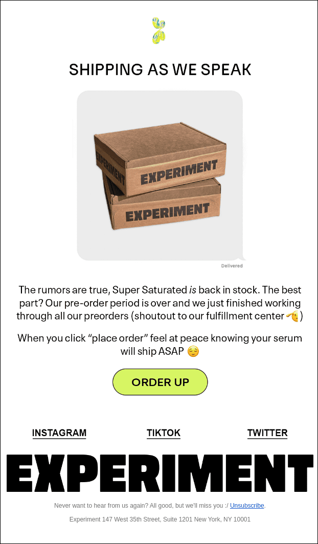 Experiment's witty email assures customers