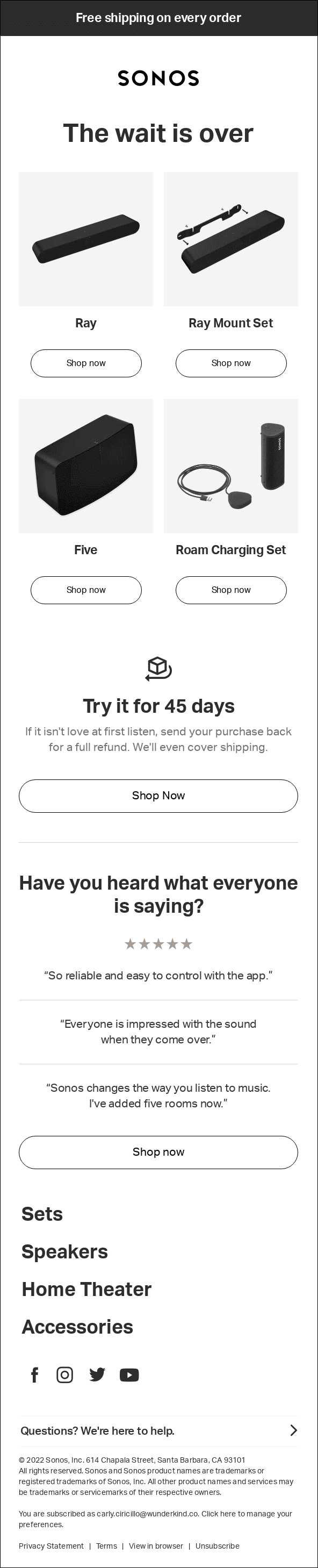 Sonos email shows a range of products