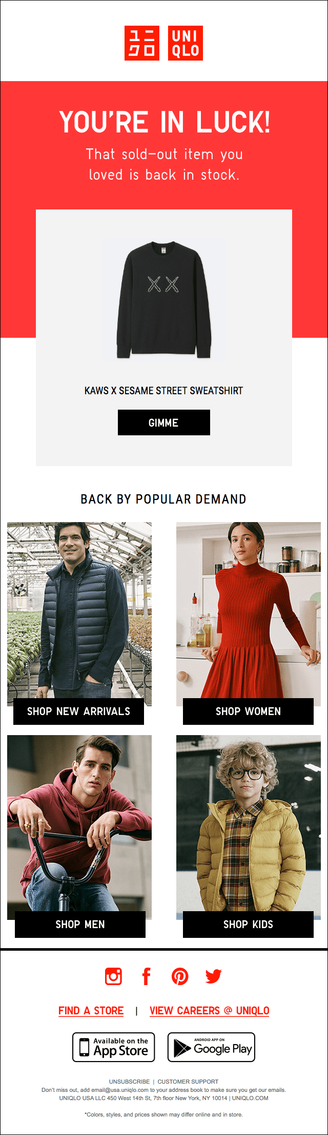 Uniqlo back in stock email campaign