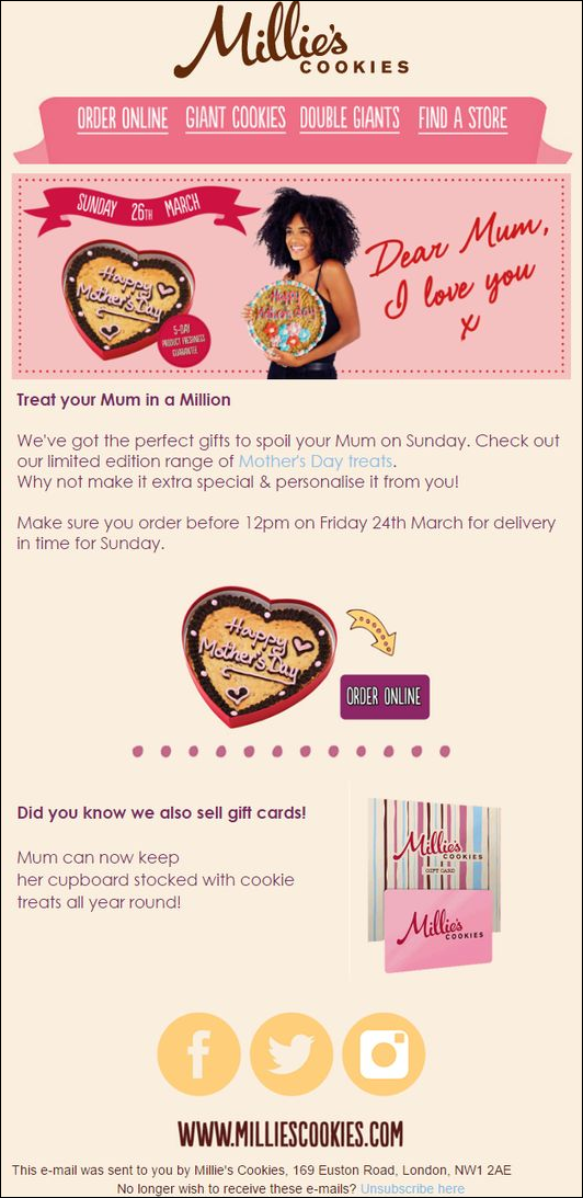 Millie's Cookies' email