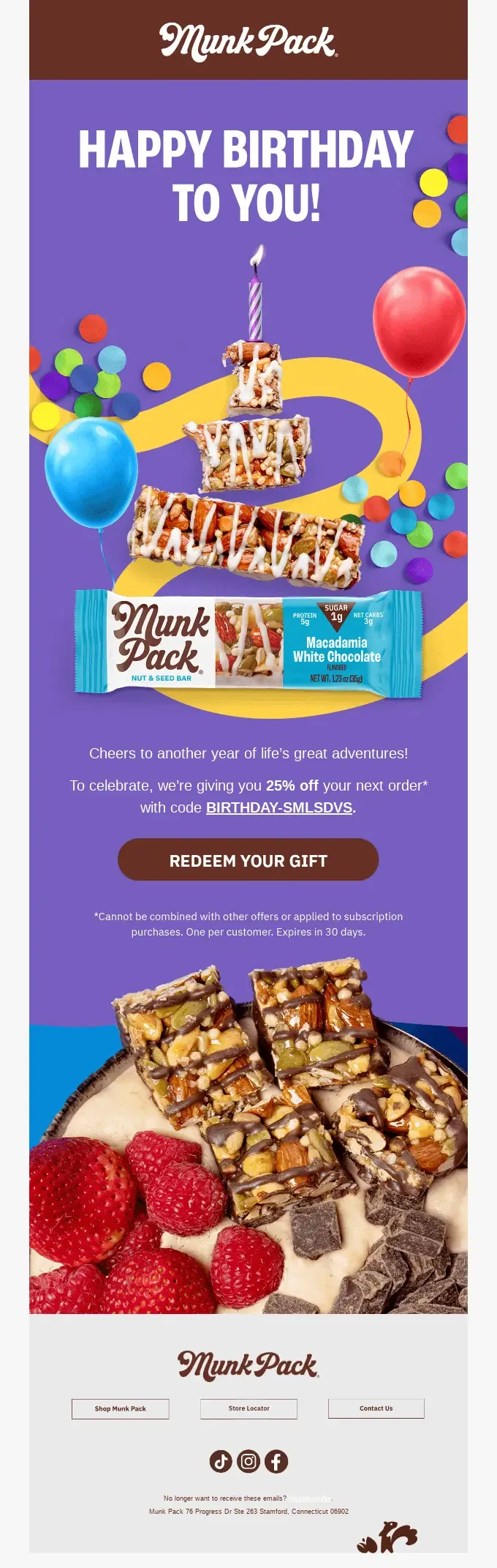 Birthday email flow example from Munk Pack