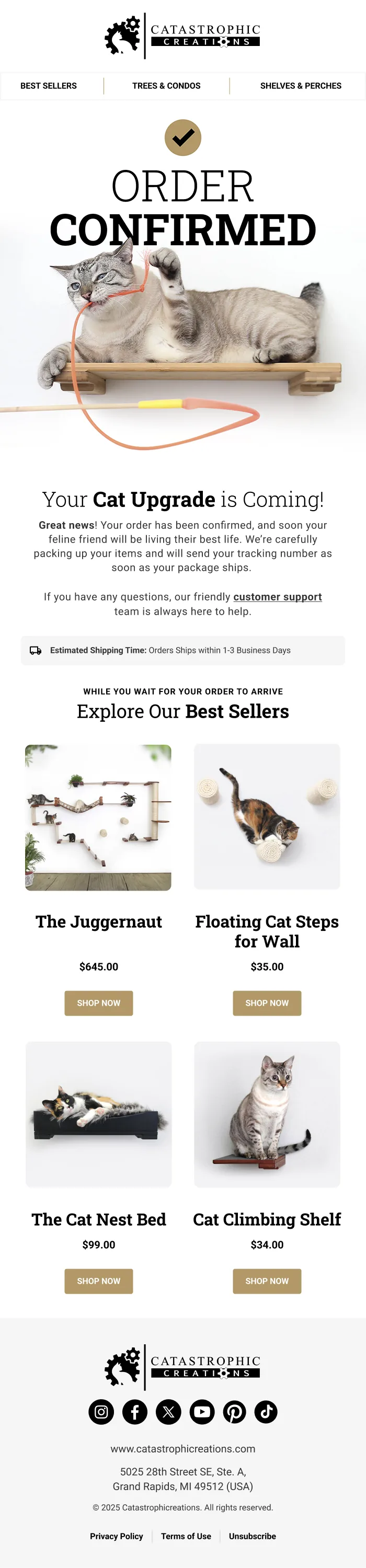 Order confirmation email example for Catastrophic Creations