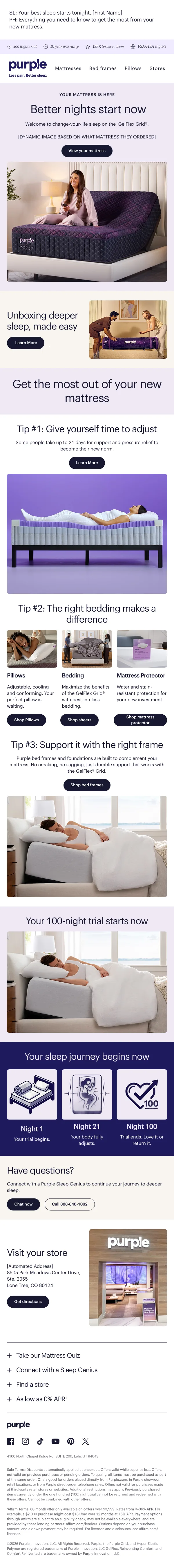 Post-purchase email flow example for Purple