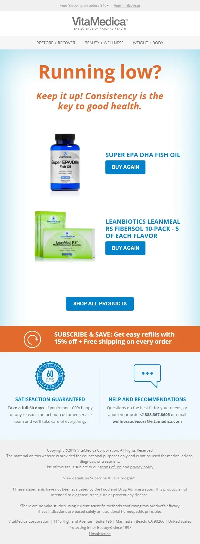 Replenishment email flow example for VitaMedica