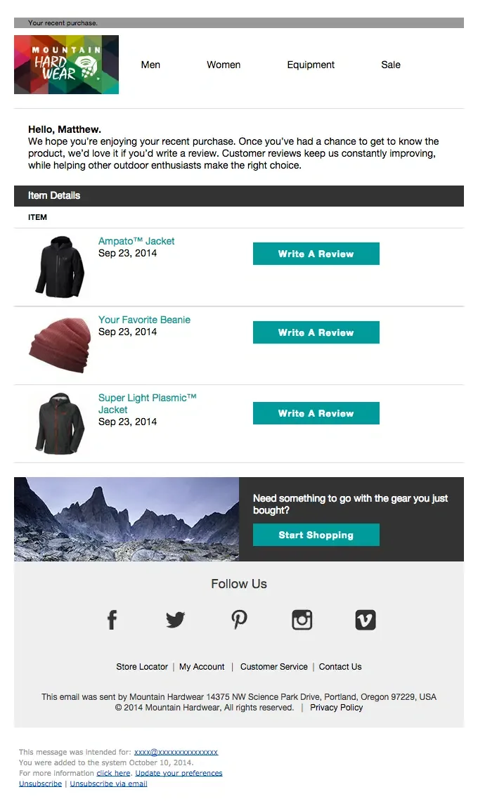 Review request email example from Hardwear