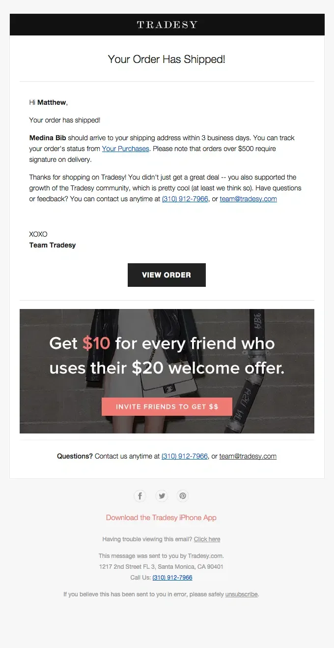 Shipping confirmation email example from Tradesy