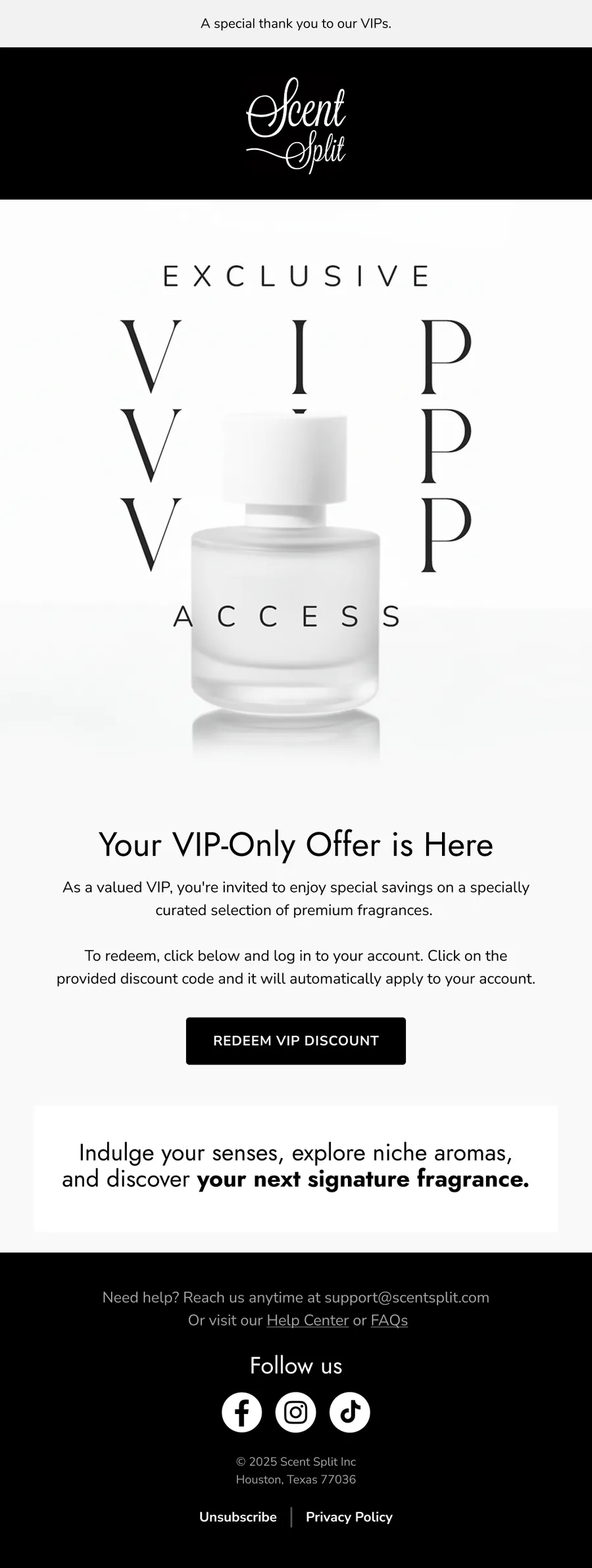 VIP loyalty email flow example for Scent Split