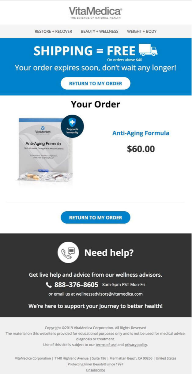 Vitamedica an abandoned cart email