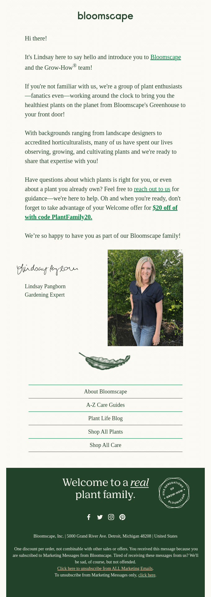 Bloomscape newsletter example to nurture customers
