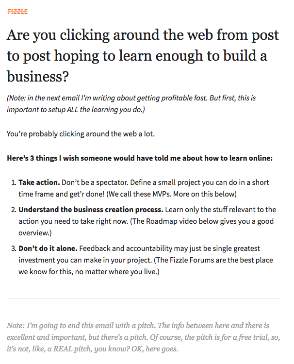 Fizzle newsletter example