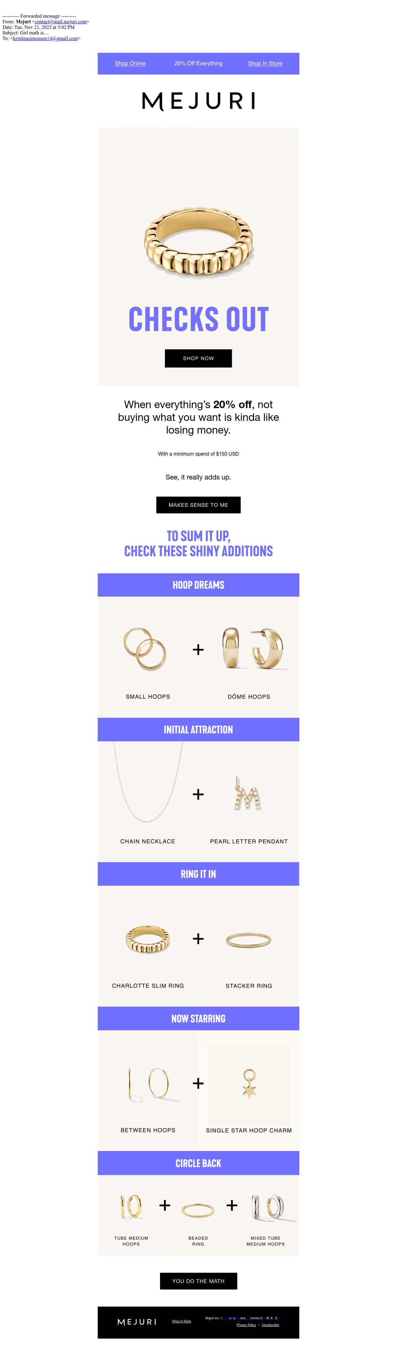 Mejuri's black friday email example with discounts on jewelry
