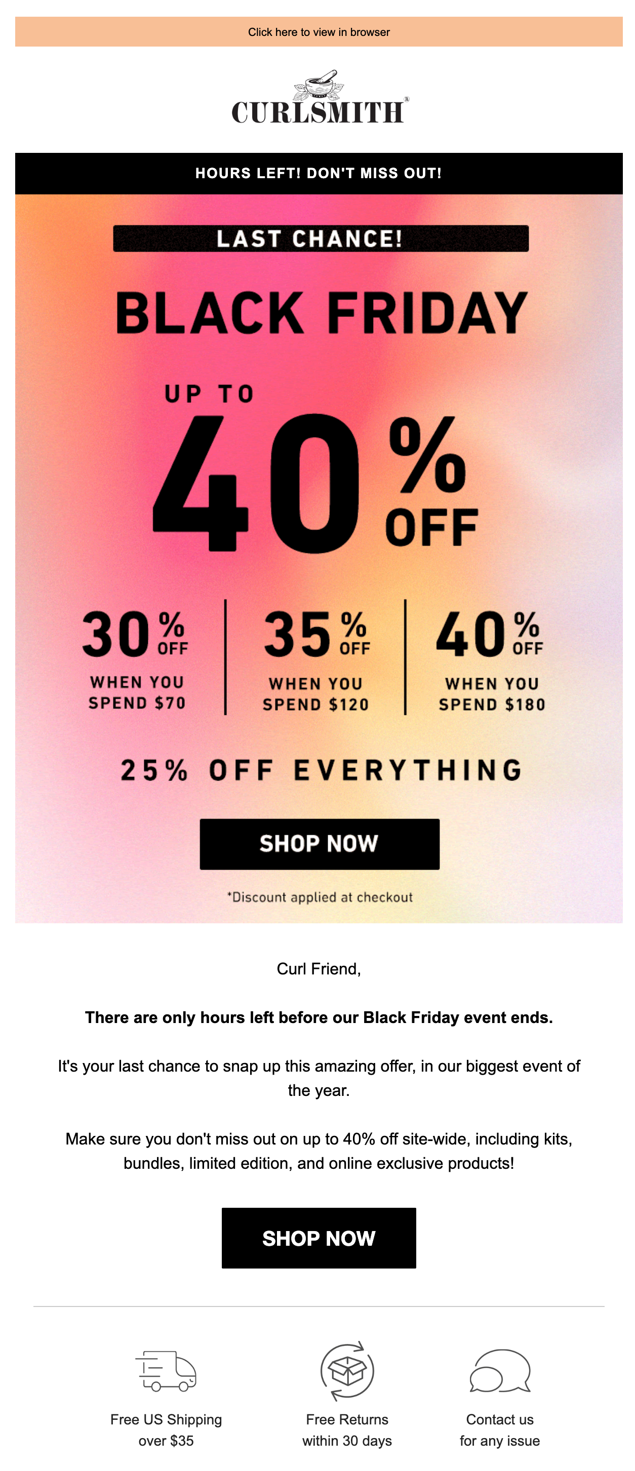 Curlsmith black Friday email marketing campaign with a sense of urgency