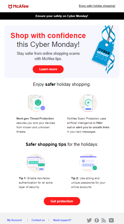 cyber Monday email marketing campaign by mcafee