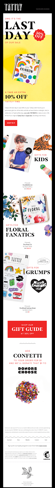 Tattly cyber Monday email design with different features
