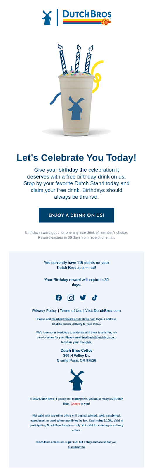 A birthday celebration email by Dutch Bros