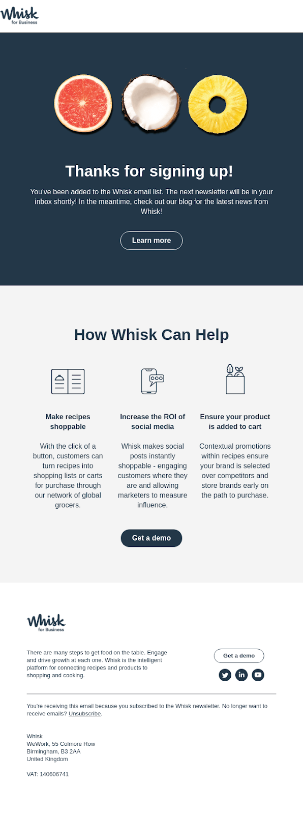 Welcome email by Whisk