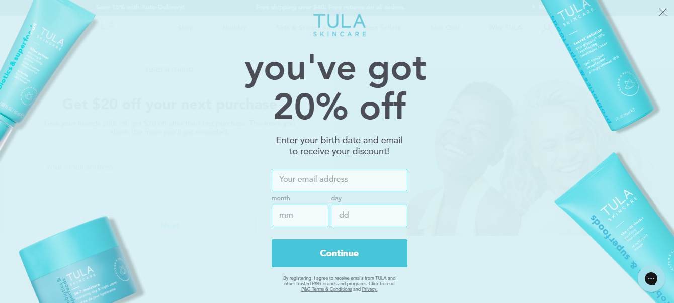 popup form from tula skincare
