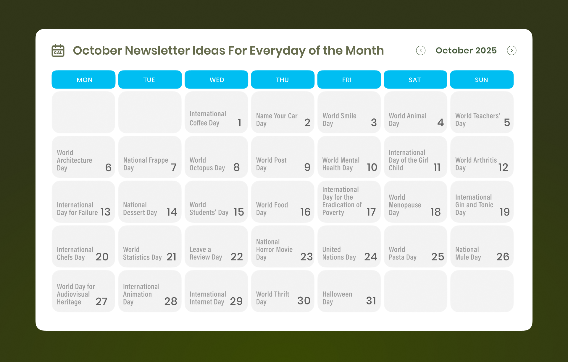 October Newsletter Ideas For Everyday of the Month